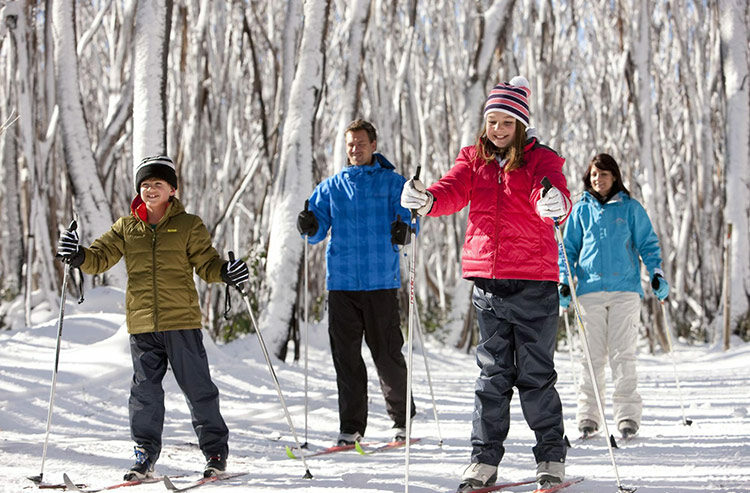 a group of four family members cross country skiing at lake mountain