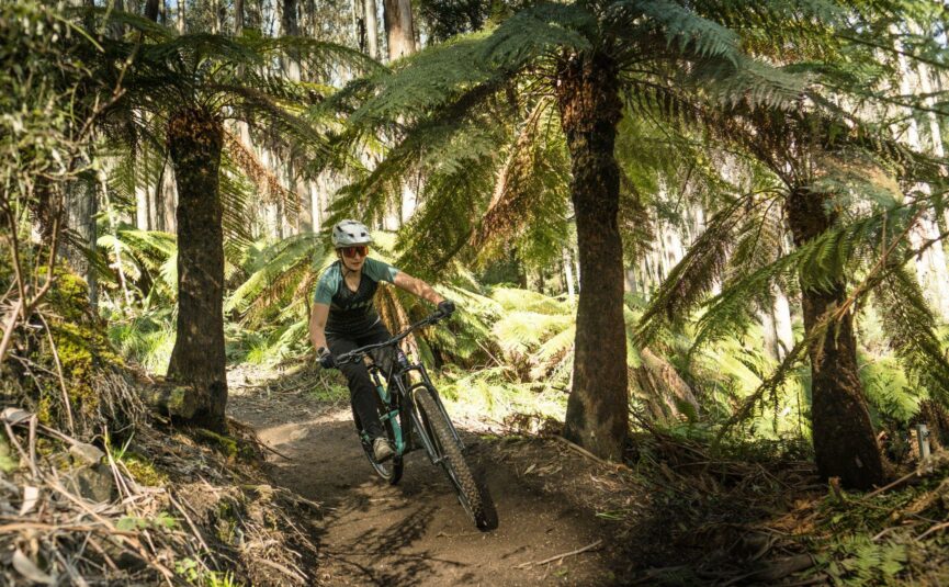 A woman mountain biking