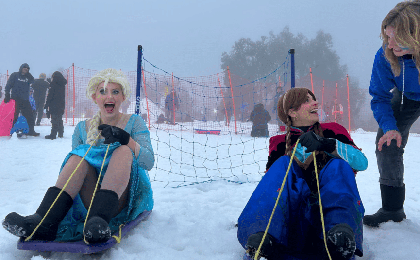 anna and elsa on a toboggan